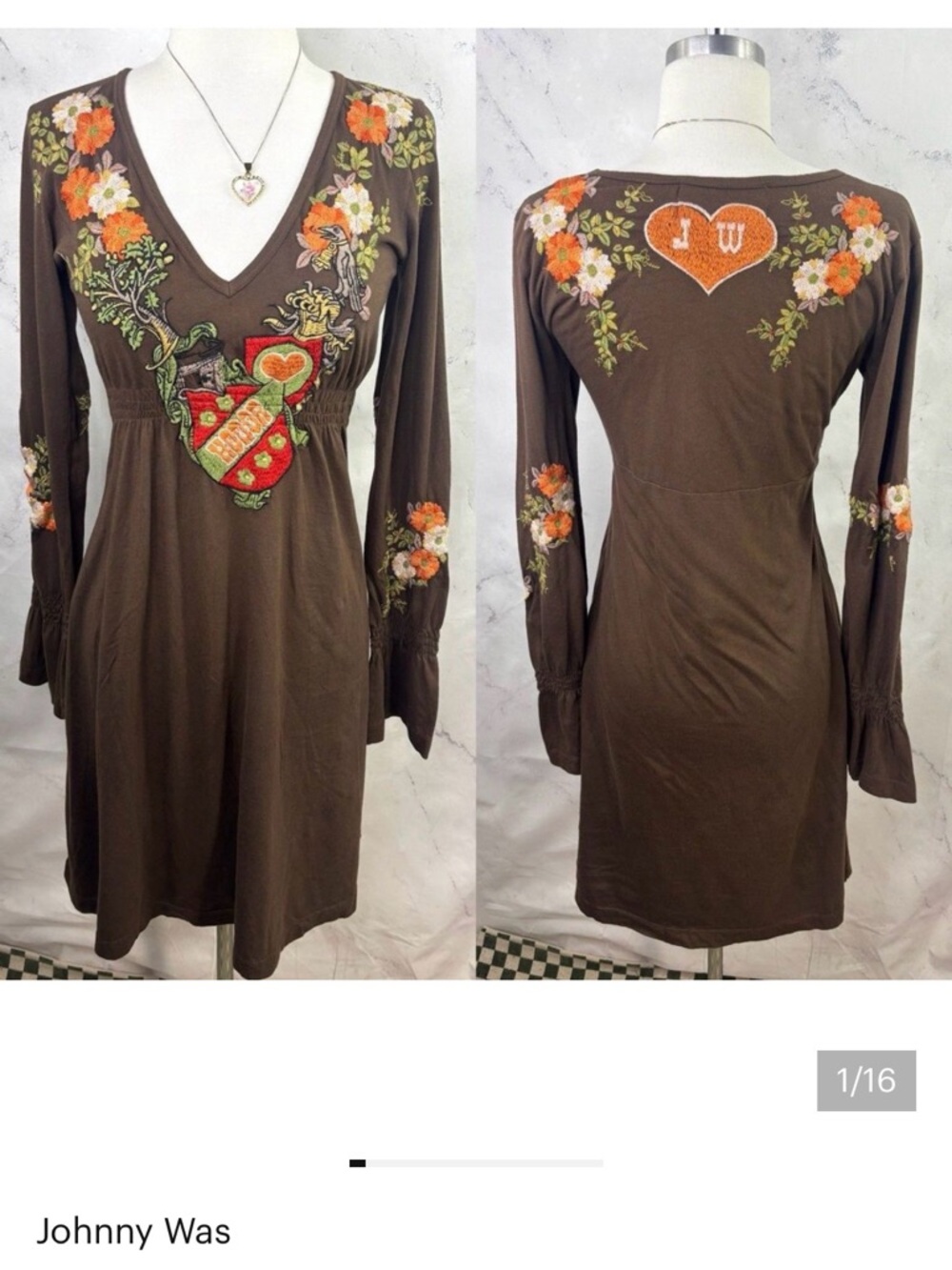 Johnny Was Brown Floral & Heart Embroidered V-Neck Long-Sleeve Dress - Picture 1 of 14